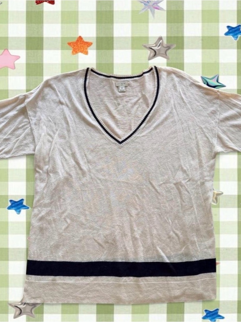 J. Crew Cream V-Neck Short Sleeve Top with Navy Trim
